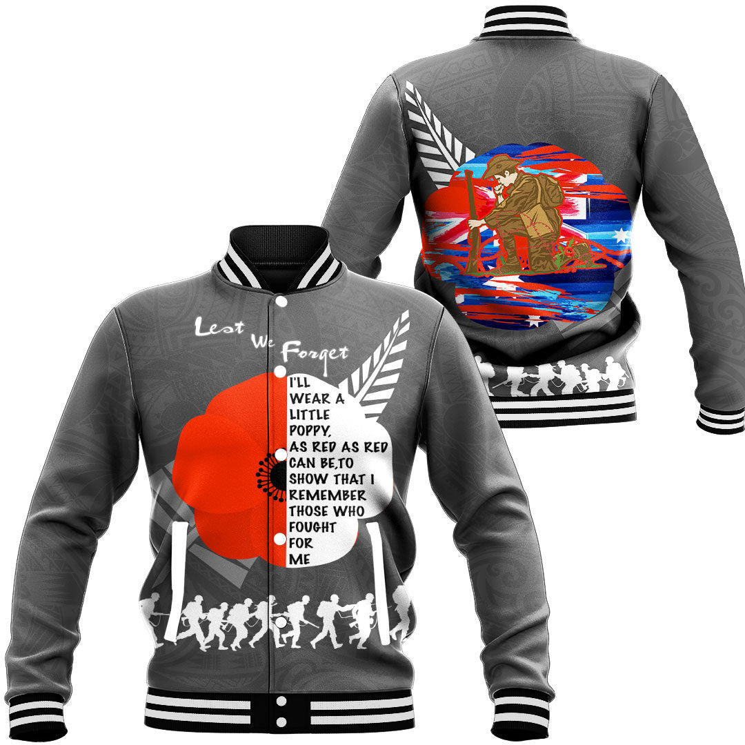 Polynesian Pride Clothing - New Zealand Anzac Red Poopy Baseball Jacket Unisex Black - Polynesian Pride