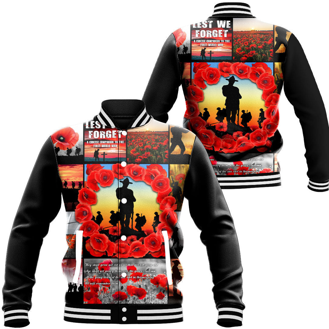 Polynesian Pride Clothing - Anzac Day Lest We Forget Banner Baseball Jacket Unisex Black - Polynesian Pride