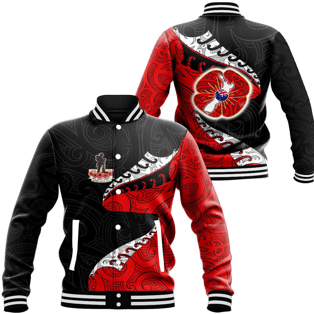 Polynesian Pride Clothing - Anzac Poppy Fern Baseball Jacket Unisex Black - Polynesian Pride