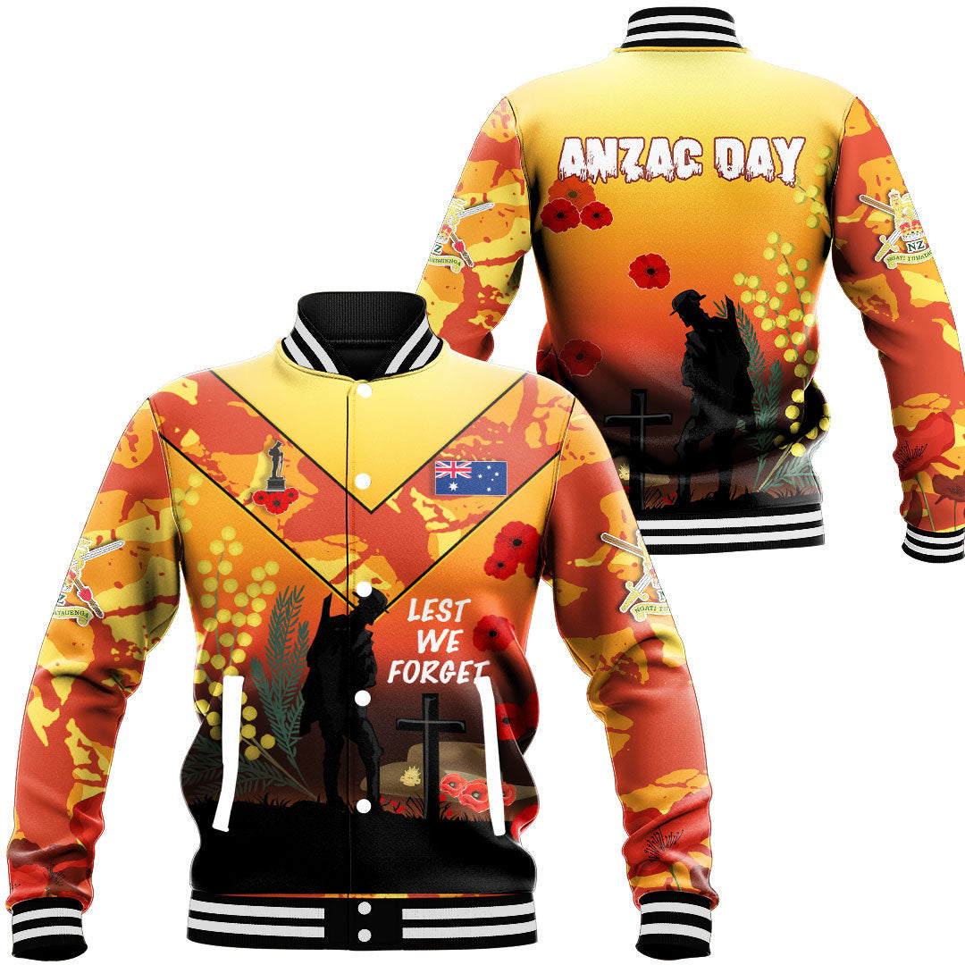 Polynesian Pride Clothing - Australia Anzac Lest We Forget 2022 - Orange Baseball Jacket Unisex Black - Polynesian Pride