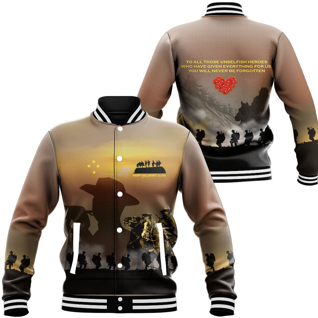 Polynesian Pride Clothing - Anzac Day Keep The Spirit Alive Baseball Jacket Unisex Black - Polynesian Pride