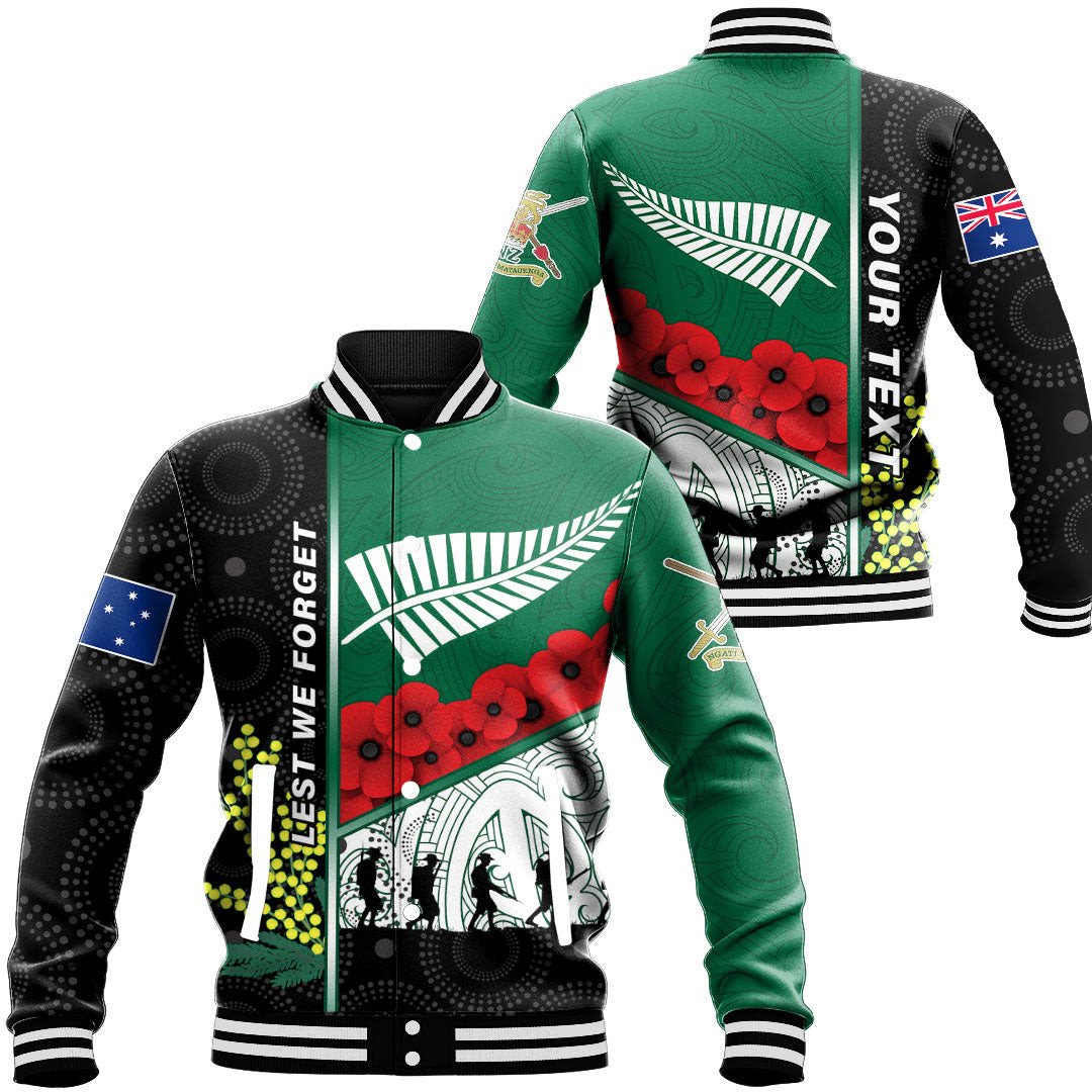 Polynesian Pride Clothing - (Custom) Australia Indigenous & New Zealand Maori Anzac Baseball Jacket Unisex Black - Polynesian Pride