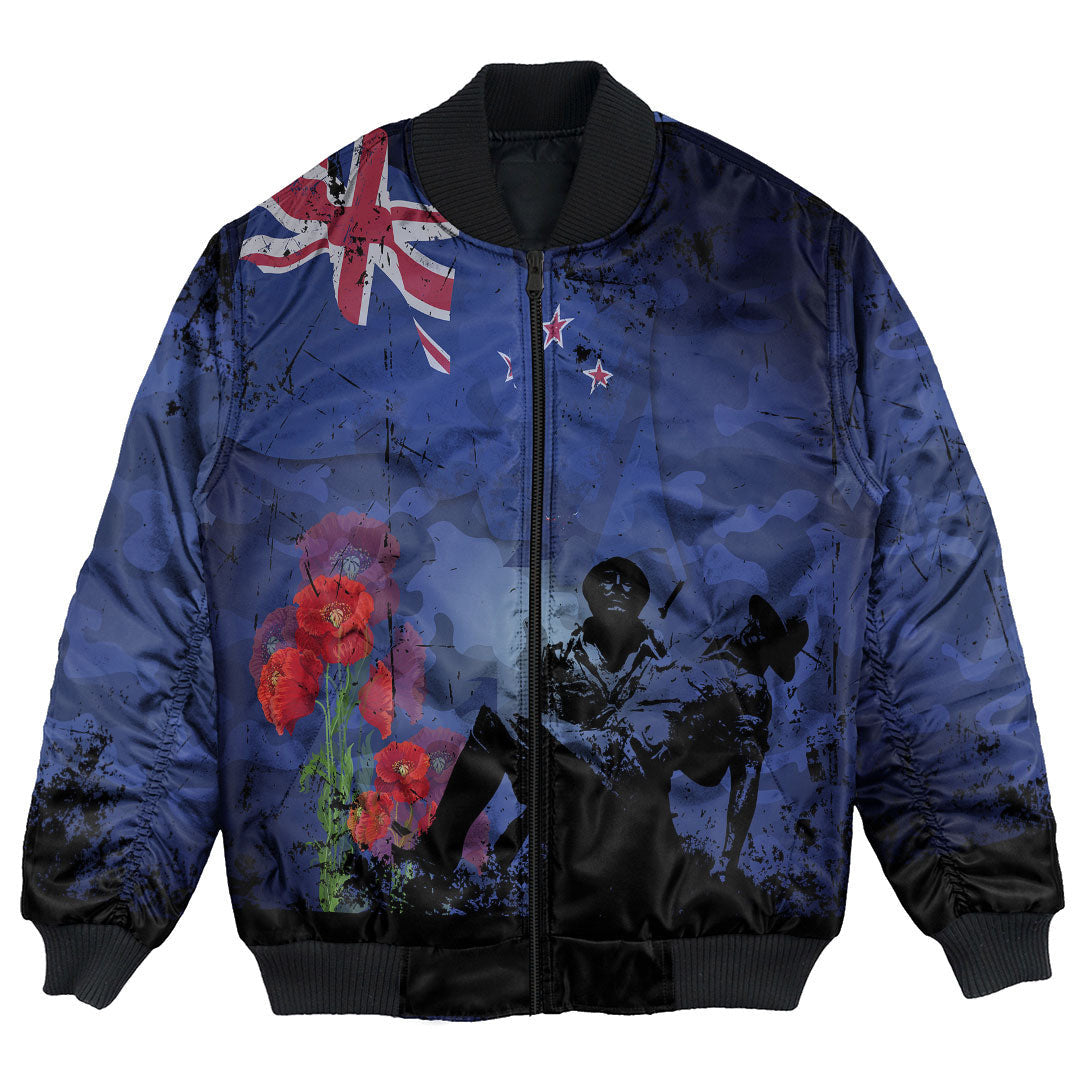 Polynesian Pride Clothing - New Zealand Anzac Day Soldier & Poppy Camouflage Bomber Jacket Unisex Black - Polynesian Pride