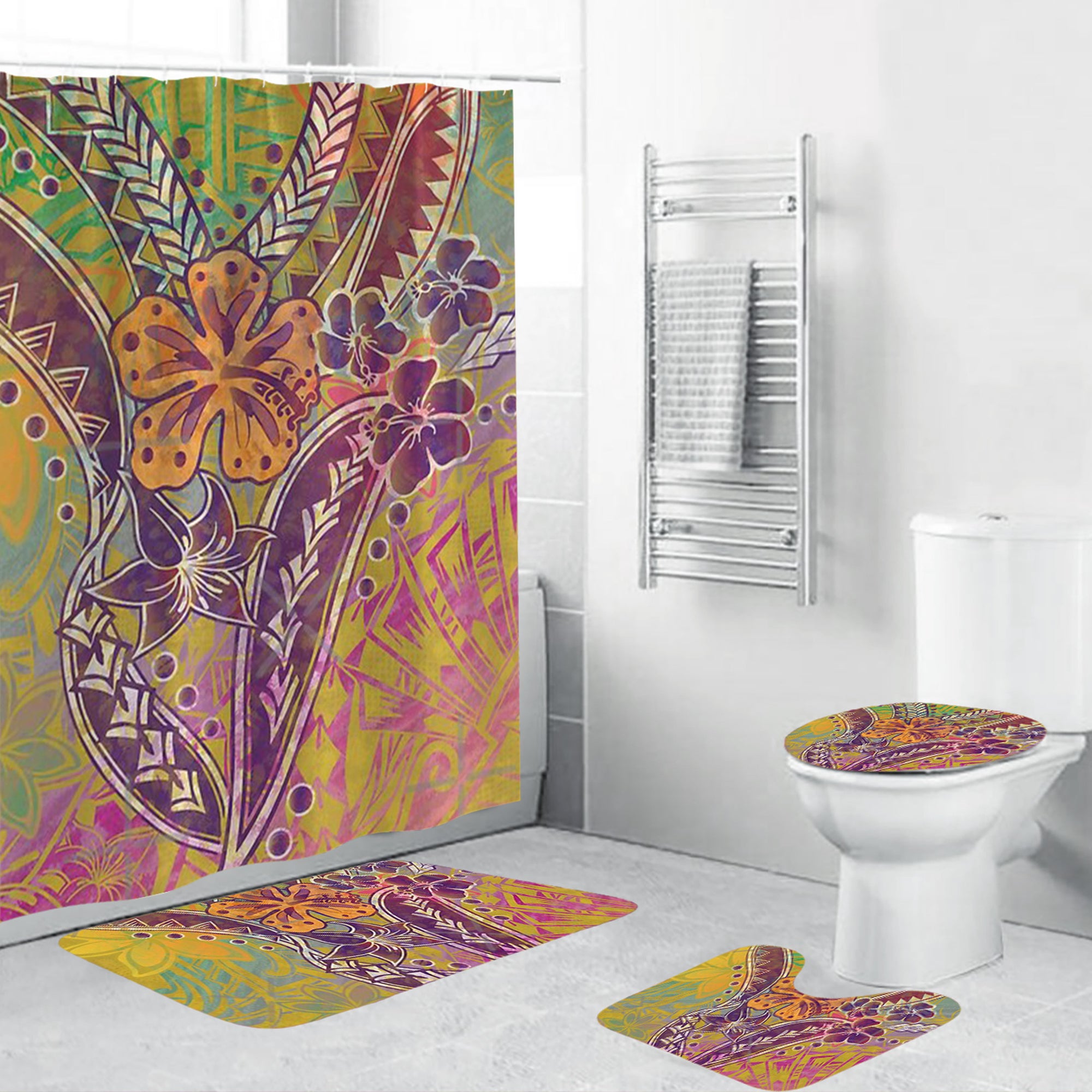 Polynesian Home Set - Hibiscus Floral Tribal Watercolor Bathroom Set LT10 Green - Polynesian Pride