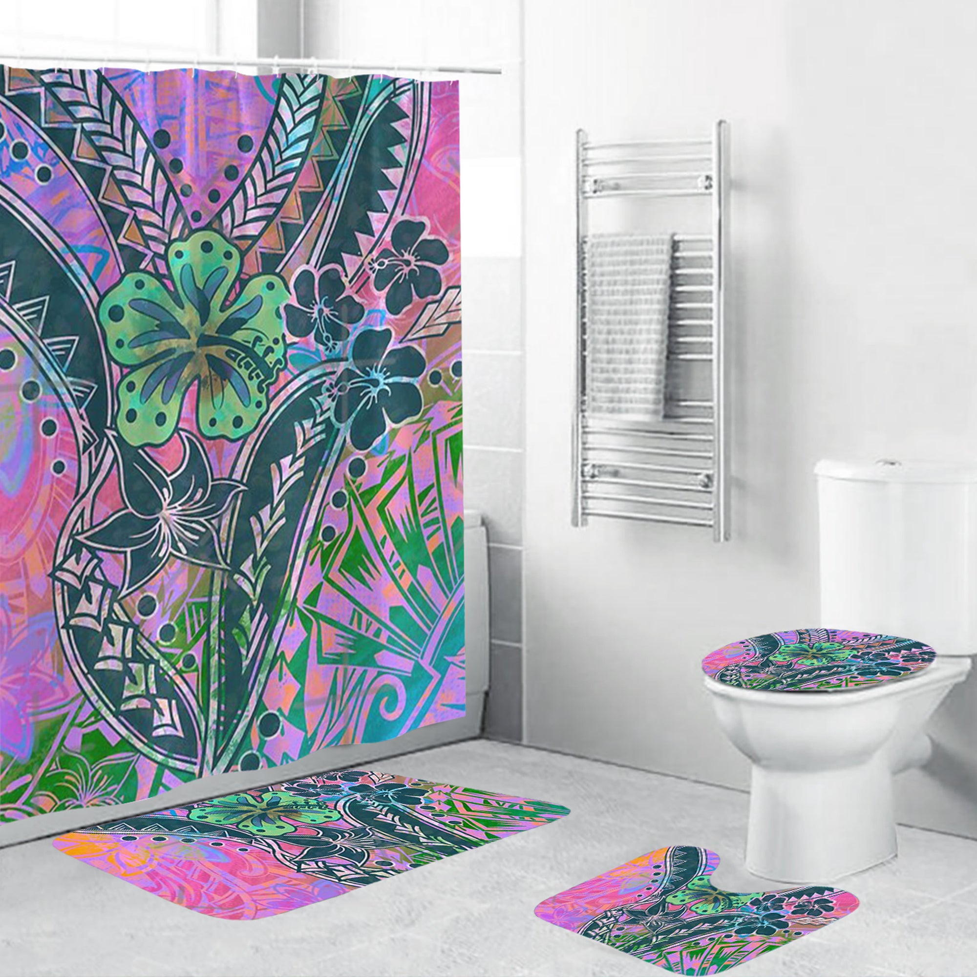 Polynesian Home Set - Hibiscus Watercolor Tribal Floral Bathroom Set LT10 Pink - Polynesian Pride