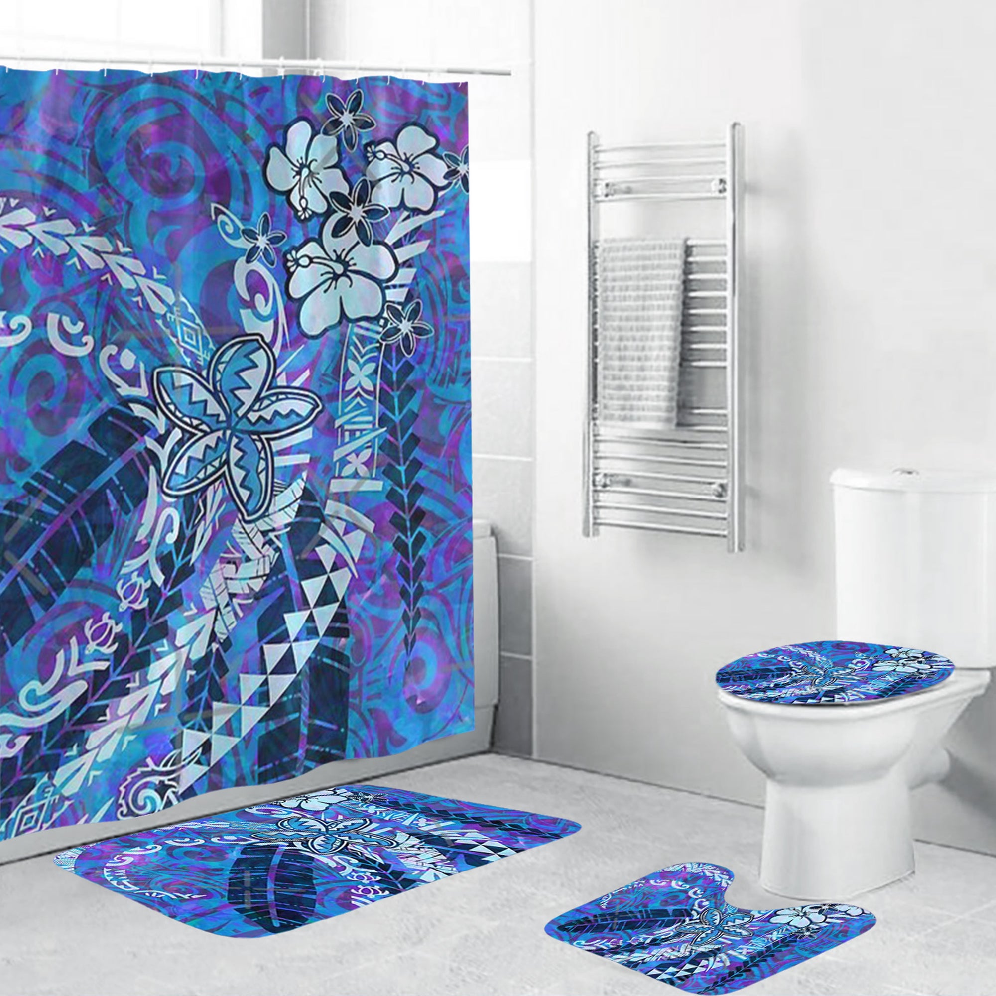Polynesian Home Set - Polynesian Blue Watercolor Tapa Bathroom Set LT10 Blue - Polynesian Pride