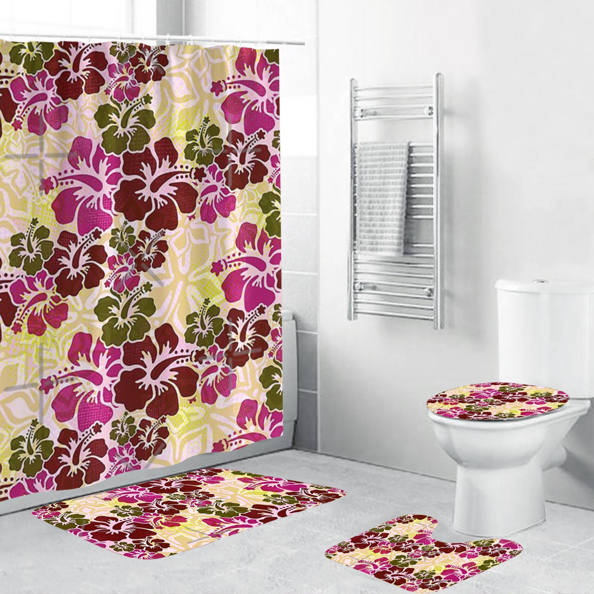 Polynesian Home Set - Plum Hibiscus Pattern Bathroom Set LT10 Yellow - Polynesian Pride
