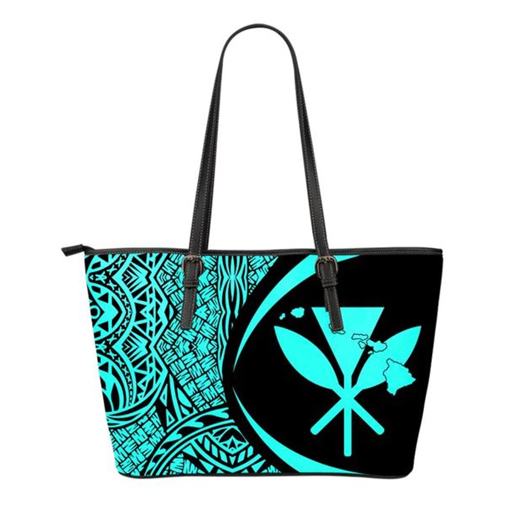 Kanaka Hawaii Map Turquoise Small Leather Tote Turquoise - Polynesian Pride