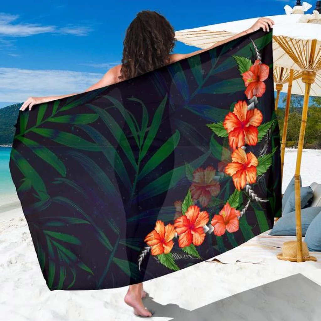 Hibiscus Palm Background Sarong Sarong 44*66 Inch Black - Polynesian Pride