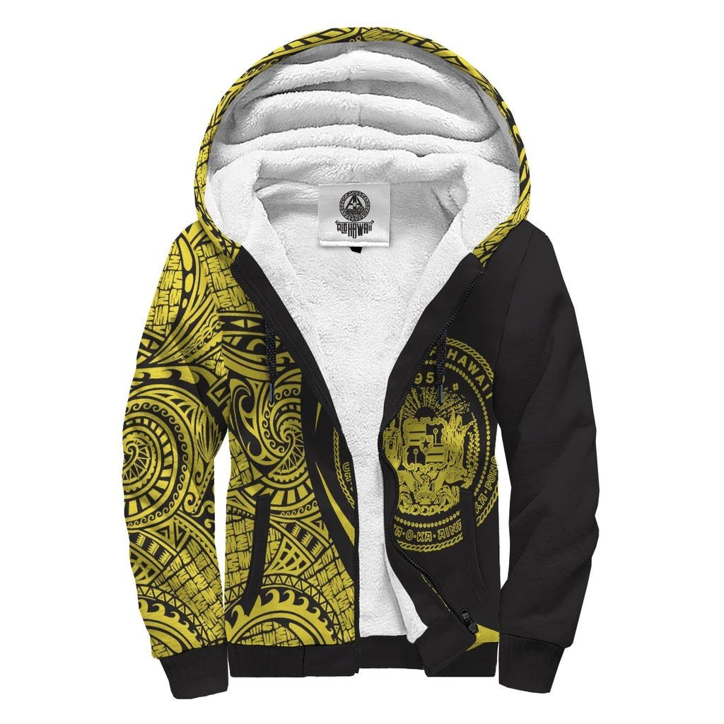 Hawaii Coat of Arms Yellow Polynesian Sherpa Hoodie - Circle Style AH Yellow - Polynesian Pride