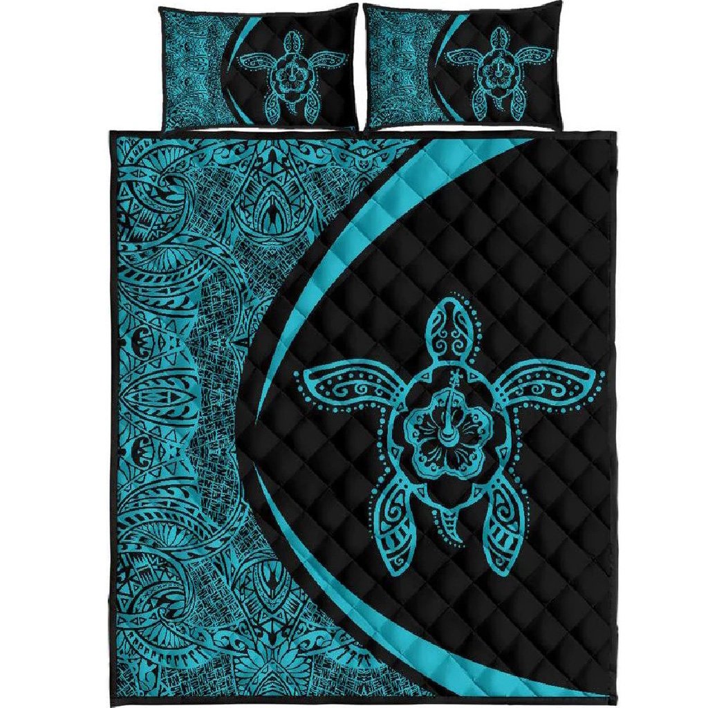 Hawaiian Polynesian Turtle Quilt Bed Set - Circle Style Blue Black - Polynesian Pride