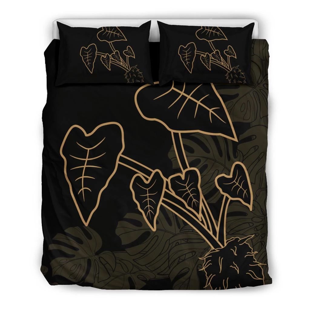 Hawaiian Monstera Kalo Gold Bedding Set Black - Polynesian Pride