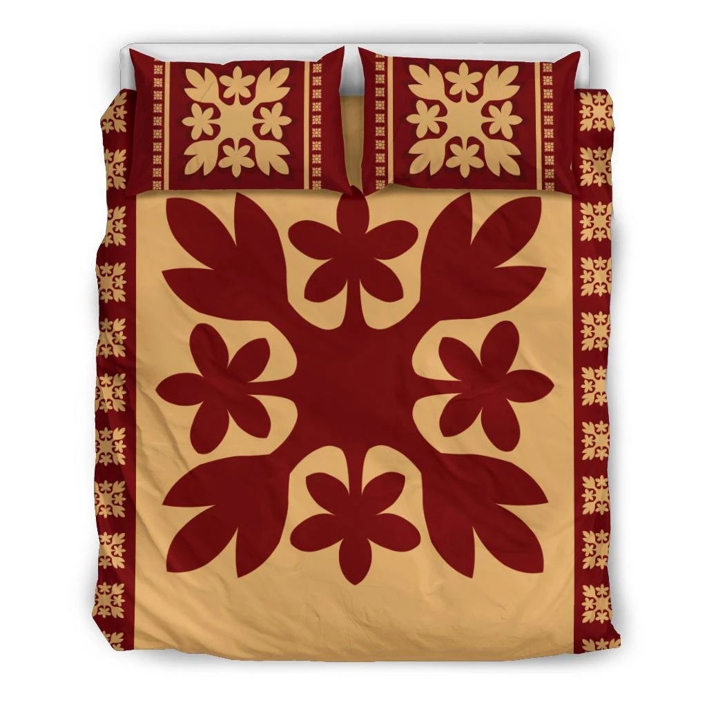 Hawaiian Quilt Pattern Palm Tree And Plumeria Bedding Set Black - Polynesian Pride