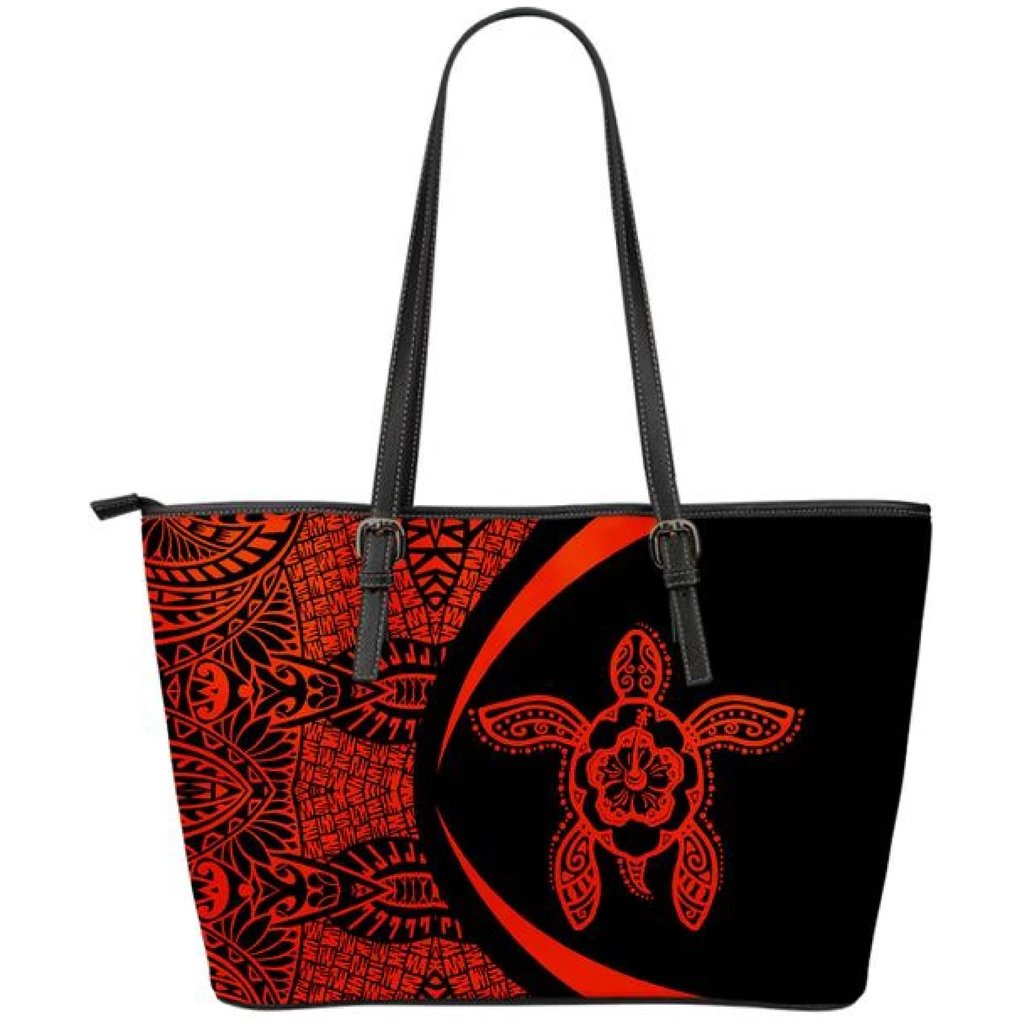 Hawaii Turtle Polynesian Small Leather Tote - Circle Style - Red Red - Polynesian Pride