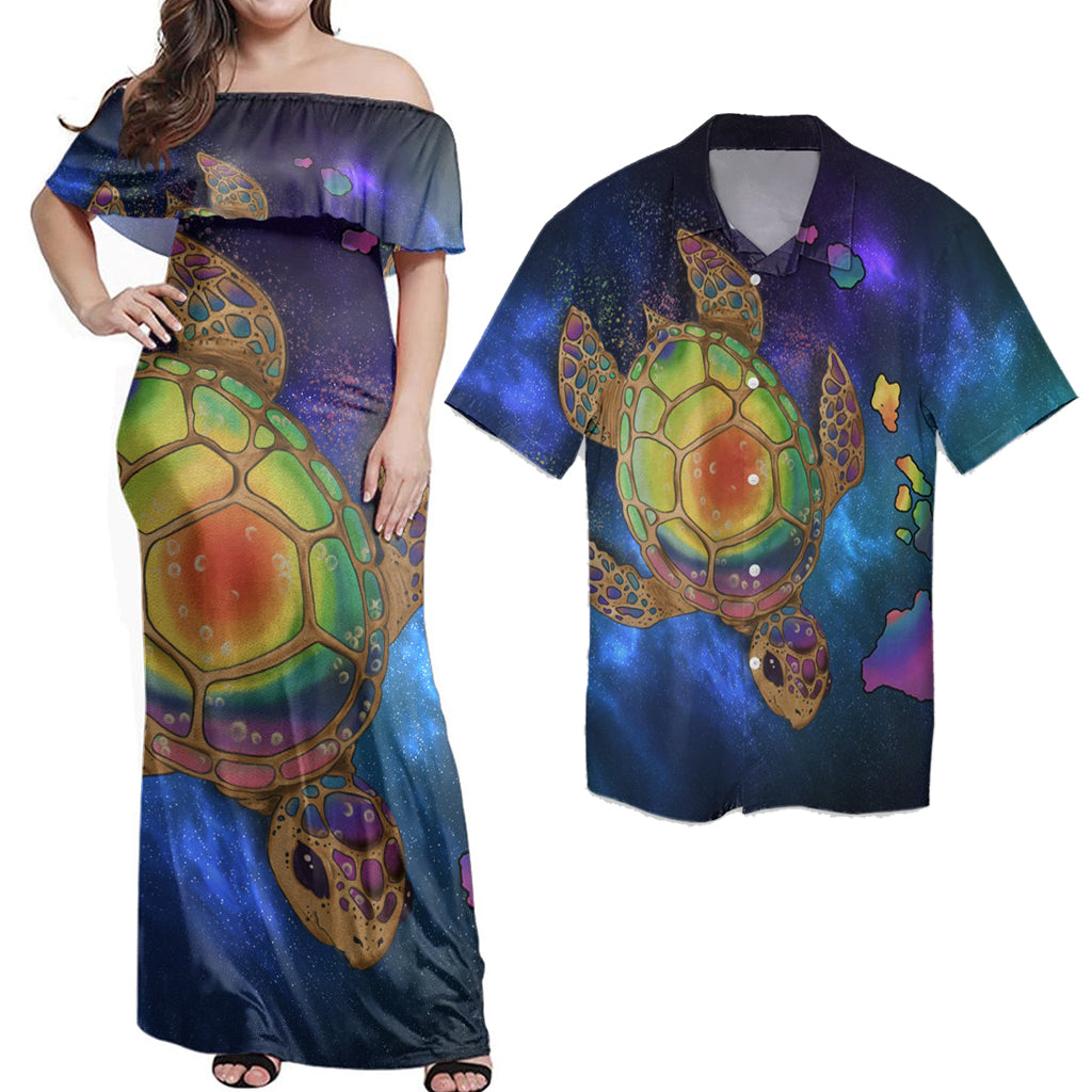 Matching Couple Hawaiian Outfits Dress and Hawaiian Shirt Hawaii Map Turtle Galaxy Blue RLT14 No Dress - Polynesian Pride