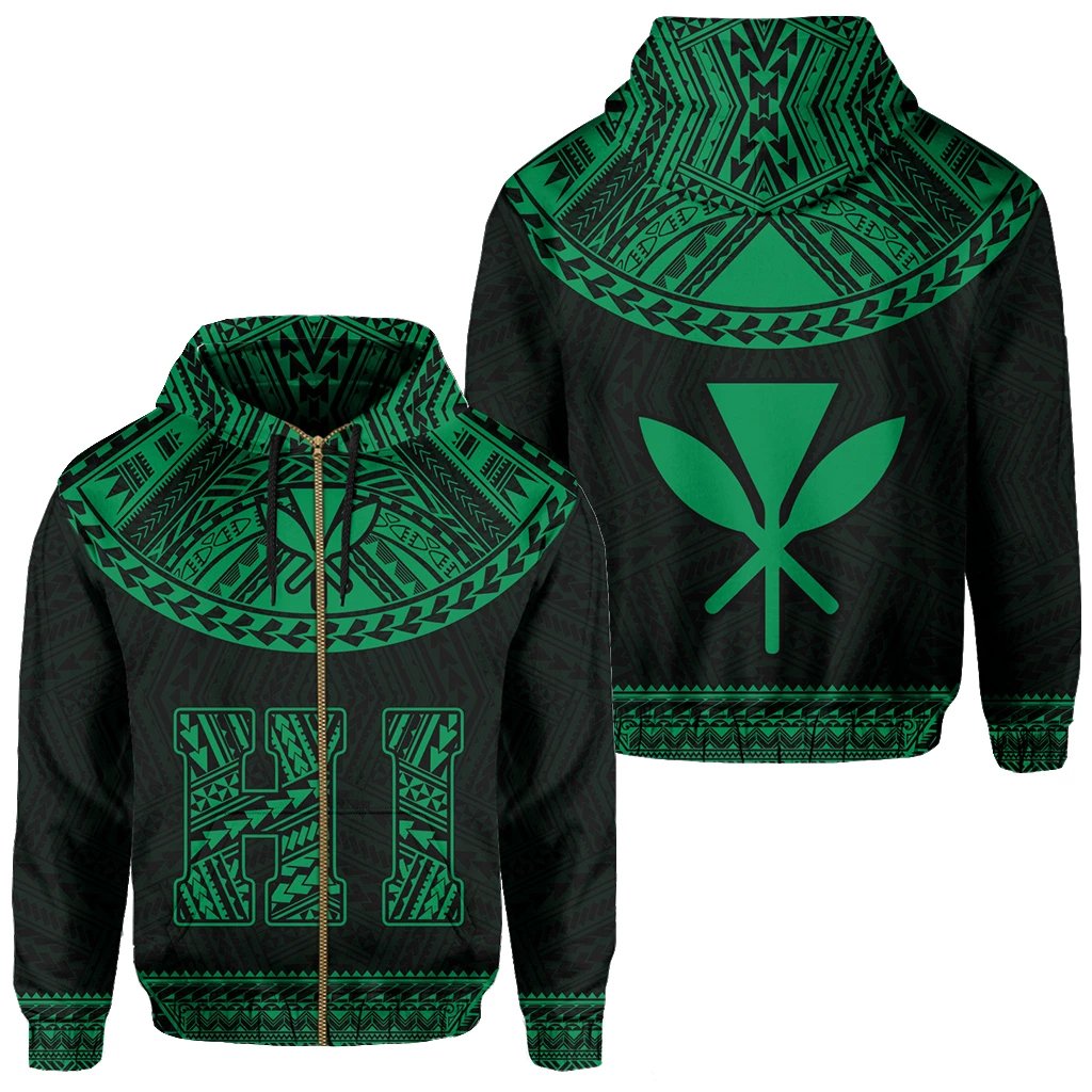 Hawaii Kanaka Polynesian Zipper Hoodie Divinity Green Unisex Green - Polynesian Pride