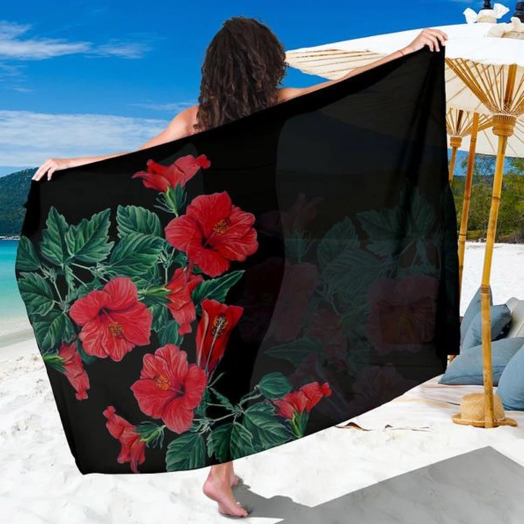 Hibiscus Red Flower Sarong Sarong 44*66 Inch Black - Polynesian Pride