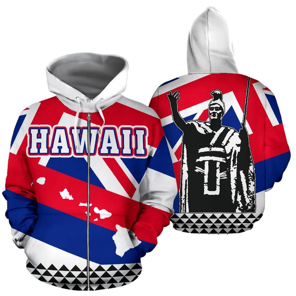 Hawaii Flag Poly Tribal Zipper Hoodie Unisex White - Polynesian Pride