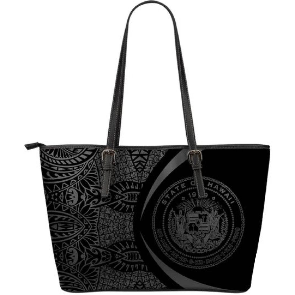 Hawaii Coat Of Arms Polynesian Large Leather Tote - Circle Style - Gray Gray - Polynesian Pride