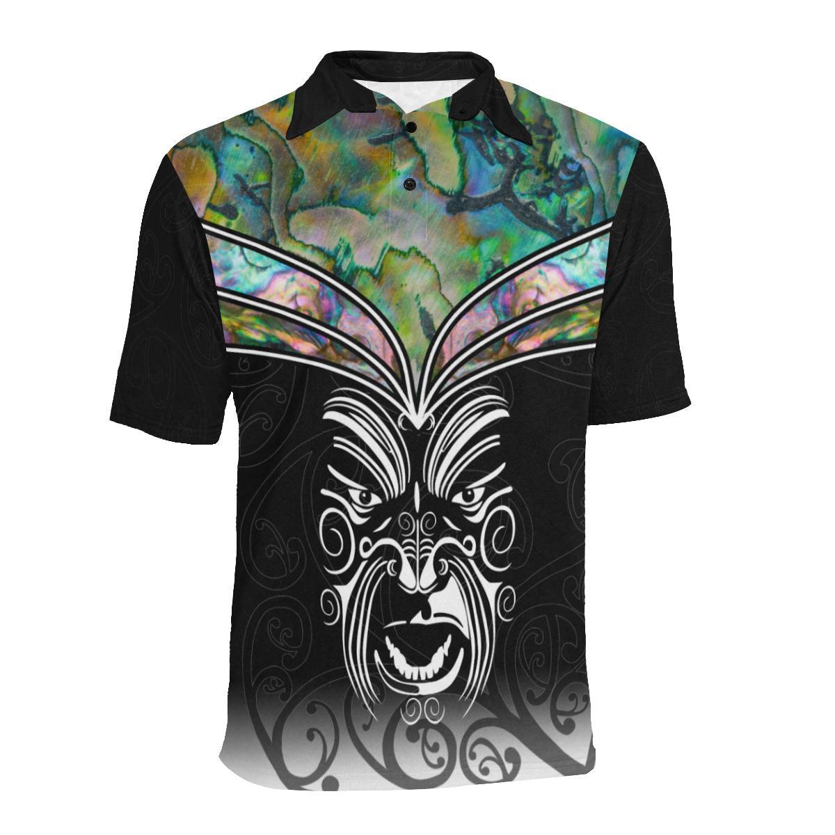 Paua Shell With Maori Face Polo T Shirt Unisex Black - Polynesian Pride