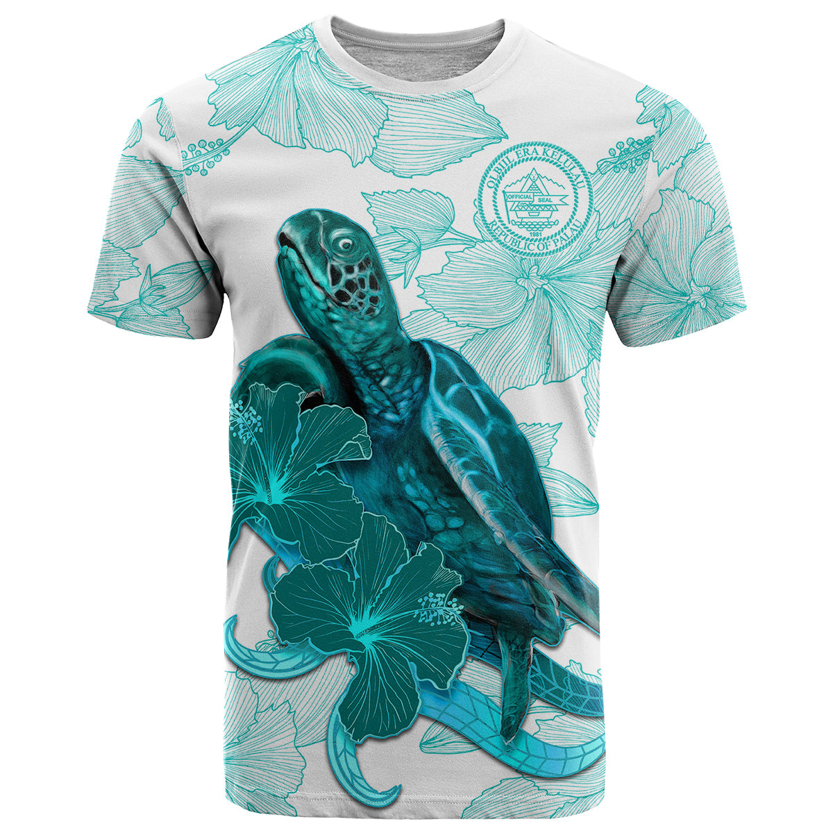 Palau Coat Of Arms With Polynesian Turtle Hibiscus T Shirt LT14 White - Polynesian Pride
