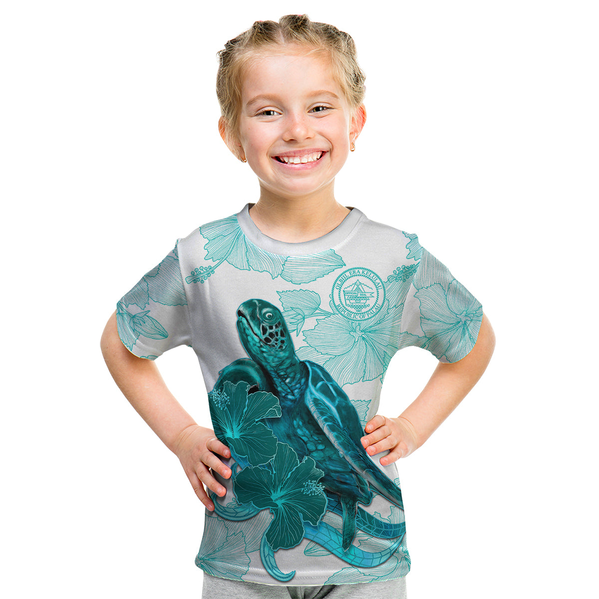 Palau Coat Of Arms With Polynesian Turtle Hibiscus Kid T Shirt LT14 Youth XL Size14 - Polynesian Pride