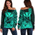 (Custom Personalised) Kakau Polynesian Tribal Hawaiian Turtle with Kanaka Maoli Turquoise Off Shoulder Sweater LT9 Women Turquoise - Polynesian Pride