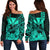 Kakau Polynesian Tribal Hawaiian Turtle with Kanaka Maoli Turquoise Off Shoulder Sweater LT9 Women Turquoise - Polynesian Pride