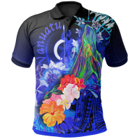 Vanuatu Polo Shirt Humpback Whale with Tropical Flowers (Blue) Unisex Blue - Polynesian Pride