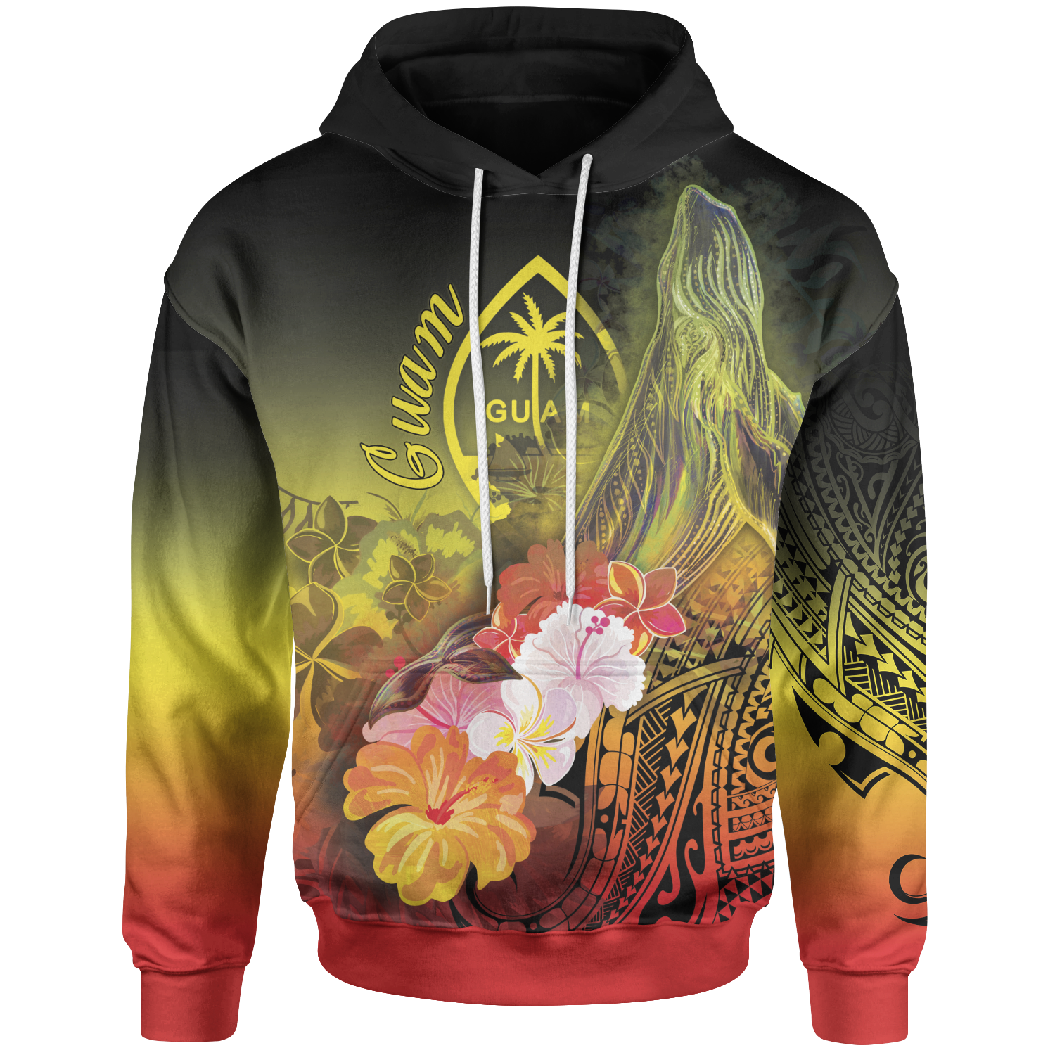 Guam Hoodie Humpback Whale with Tropical Flowers (Yellow) Unisex Yellow - Polynesian Pride