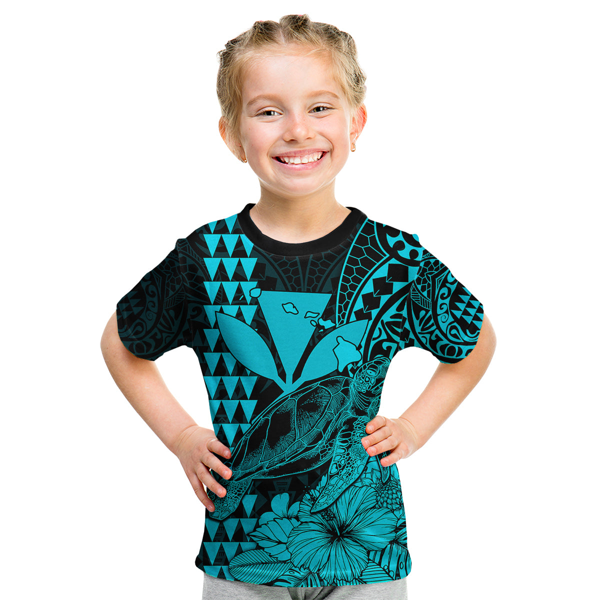 Kakau Polynesian Tribal Hawaiian Turtle with Kanaka Maoli Teal Kid T Shirt LT9 Youth XL Size14 - Polynesian Pride
