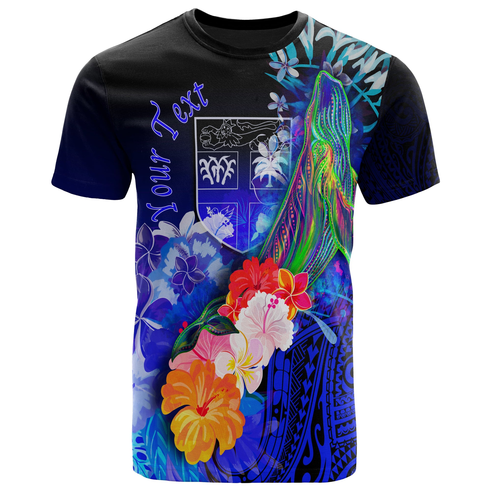 Fiji Custom T Shirt Humpback Whale with Tropical Flowers (Blue) Unisex Blue - Polynesian Pride