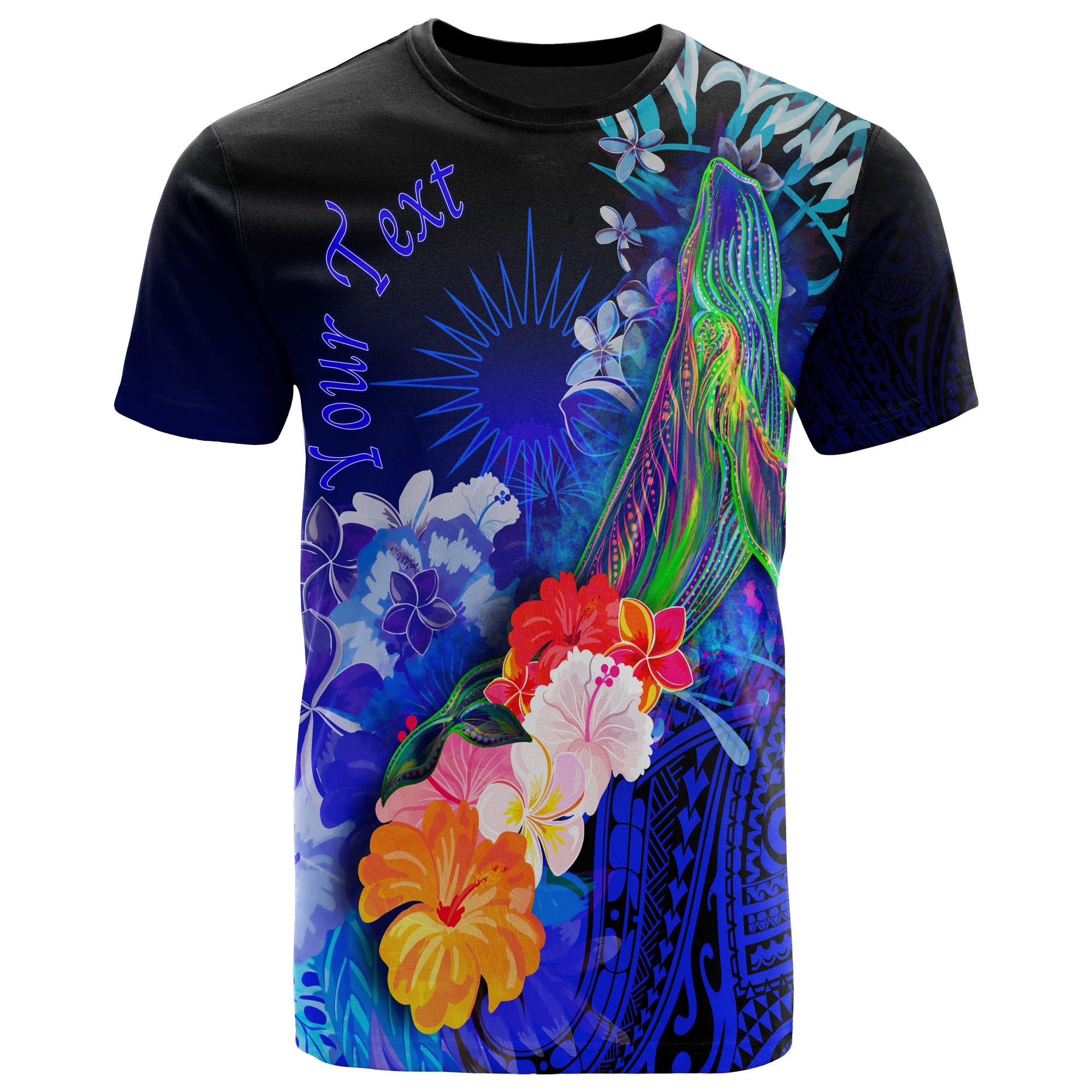 Marshall Islands Custom T Shirts Humpback Whale with Tropical Flowers (Blue) Unisex Blue - Polynesian Pride