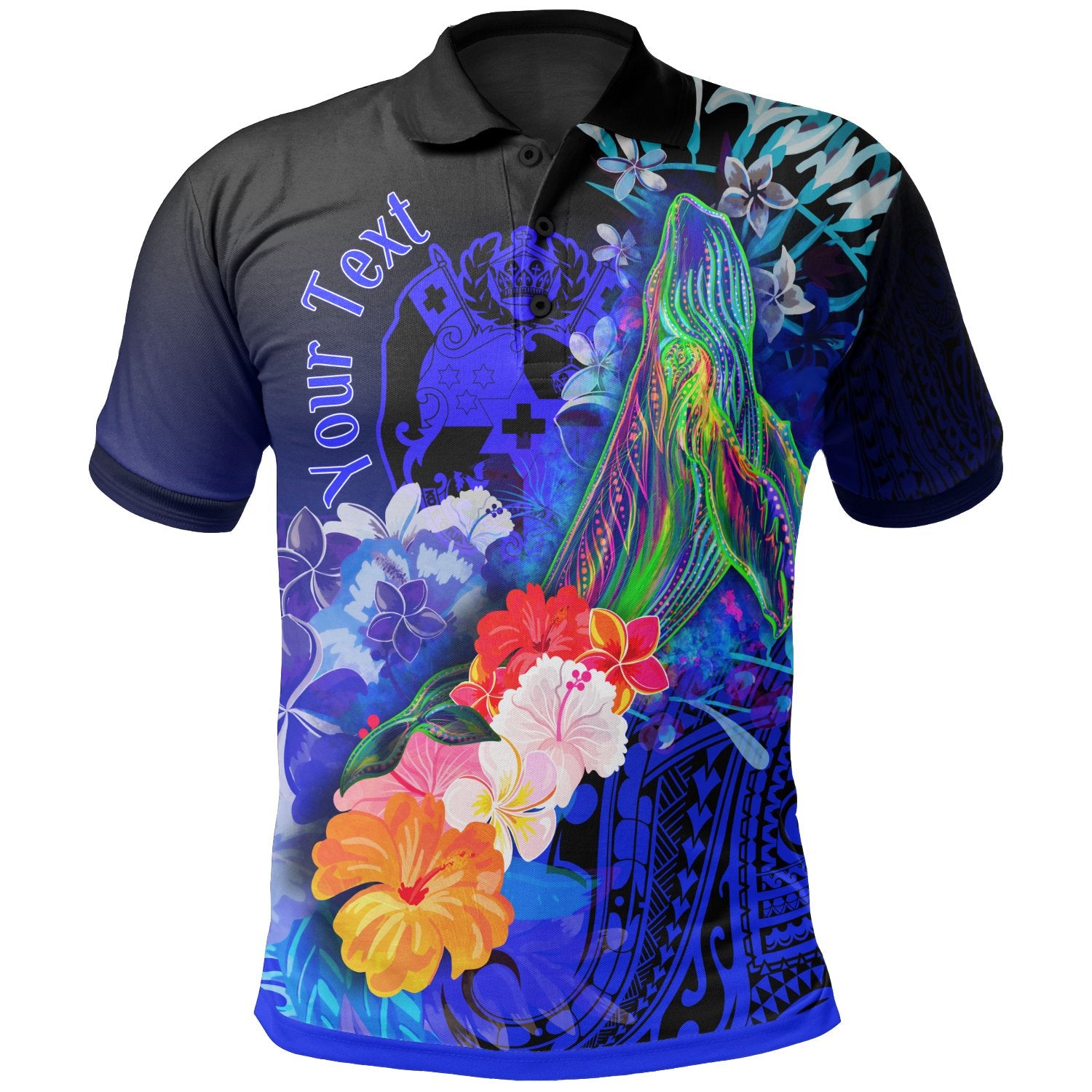 Tonga Custom Polo Shirt Humpback Whale with Tropical Flowers (Blue) Unisex Blue - Polynesian Pride