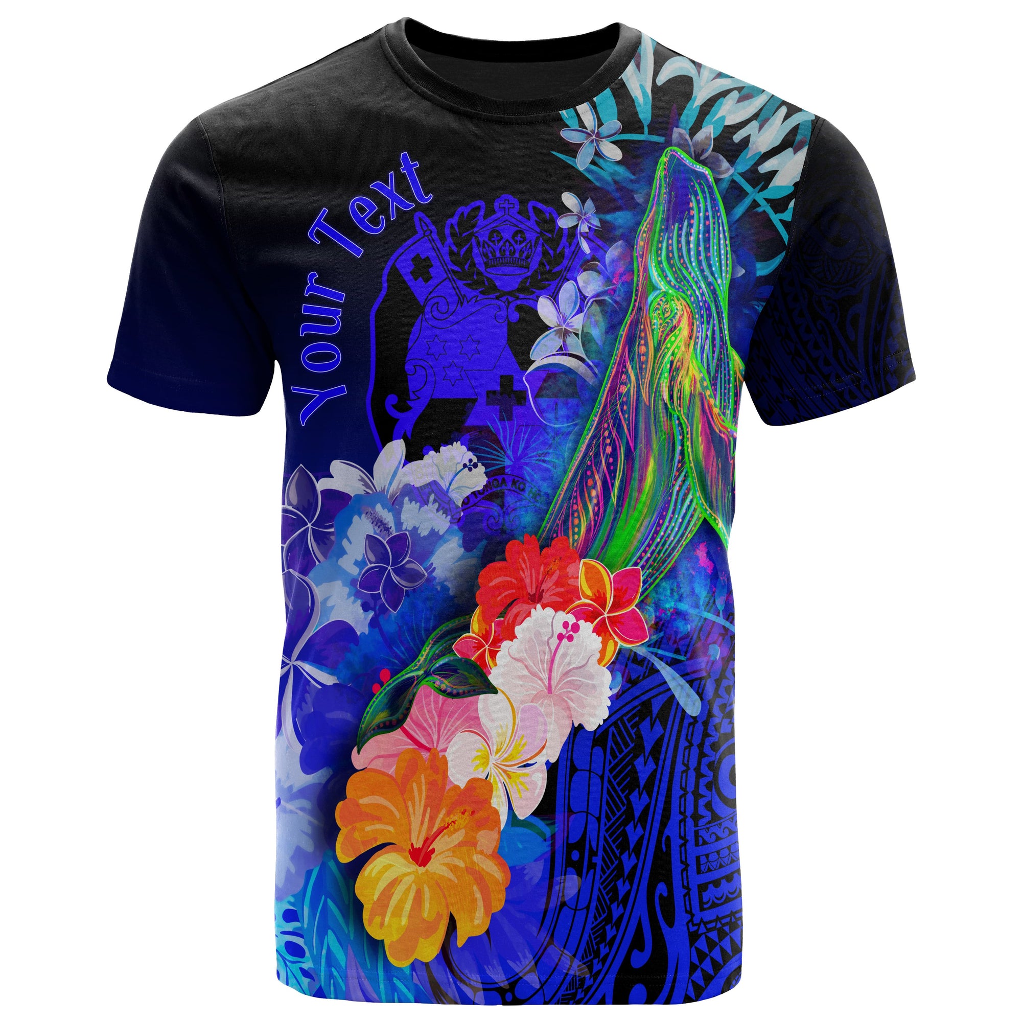 Tonga Custom T Shirt Humpback Whale with Tropical Flowers (Blue) Unisex Blue - Polynesian Pride