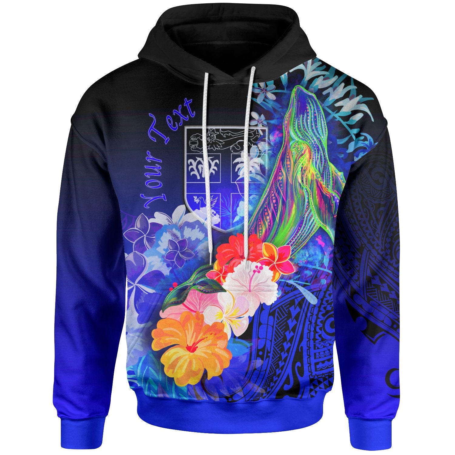 Fiji Custom Hoodie Humpback Whale with Tropical Flowers (Blue) Unisex Blue - Polynesian Pride