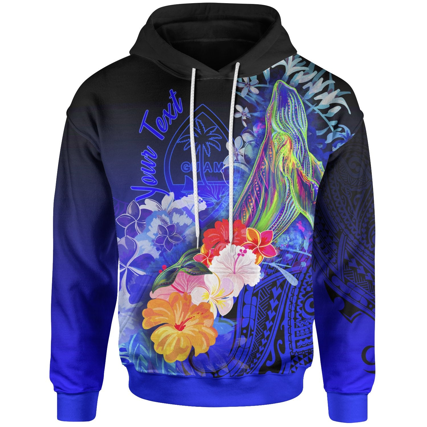 Guam Custom Hoodie Humpback Whale with Tropical Flowers (Blue) Unisex Blue - Polynesian Pride