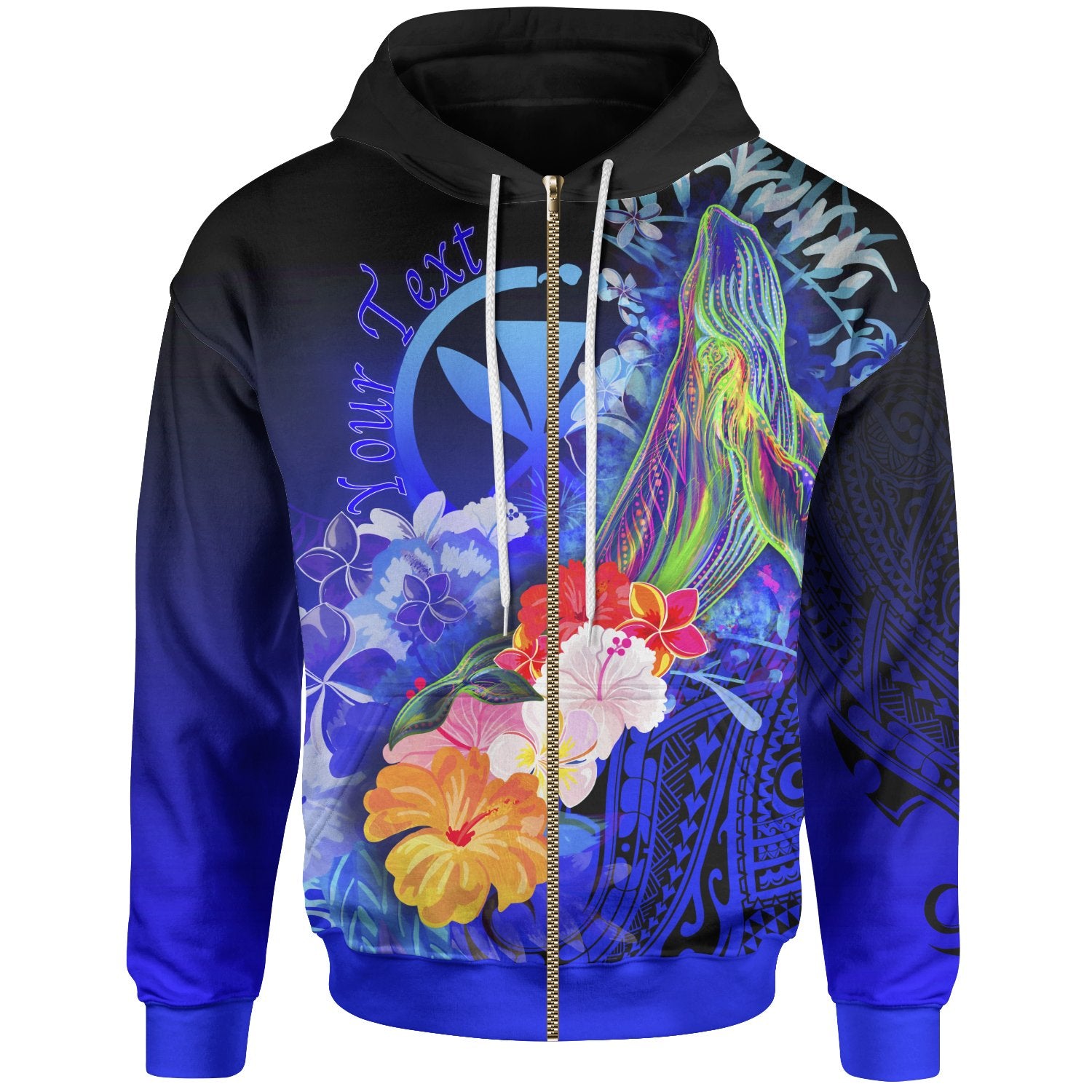 Polynesian Hawaii Custom Zip up Hoodie Kanaka Maoli Humpback Whale with Tropical Flowers (Blue) Unisex Blue - Polynesian Pride