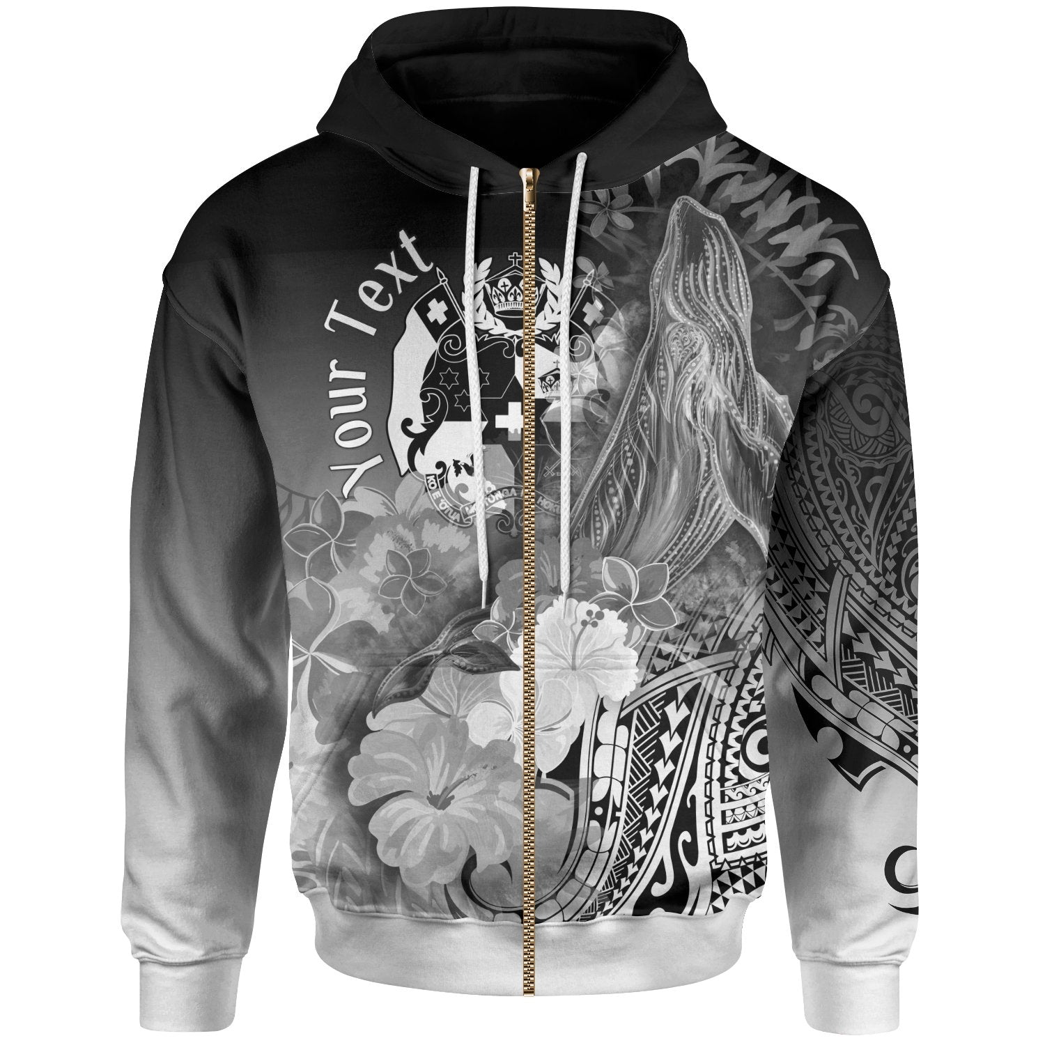 Tonga Custom Zip up Hoodie Humpback Whale with Tropical Flowers (White) Unisex White - Polynesian Pride