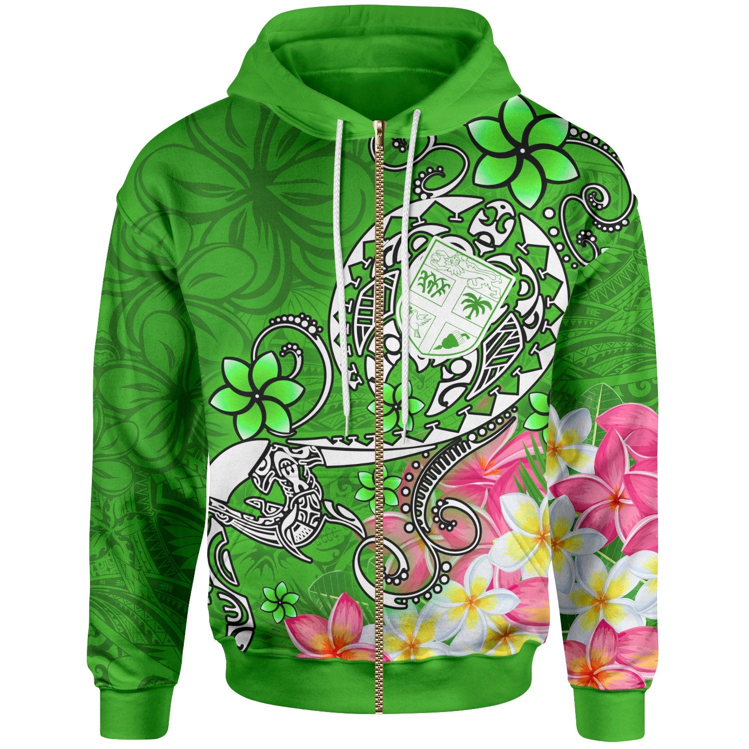 Fiji Zip up Hoodie Turtle Plumeria (Green) Unisex Green - Polynesian Pride