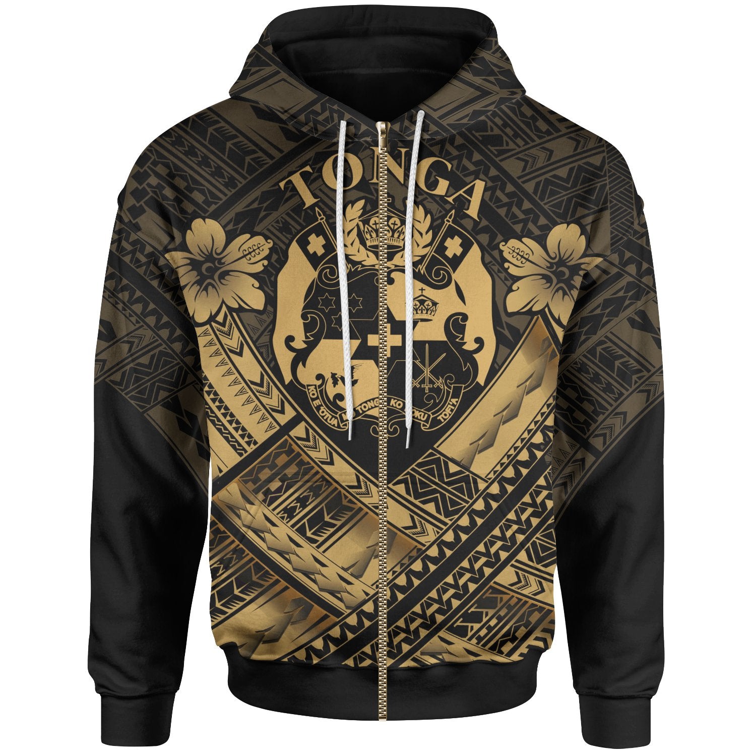 Tonga Polynesian Zip up Hoodie Tonga Gold Seal Camisole Hibiscus Style Unisex Blue - Polynesian Pride