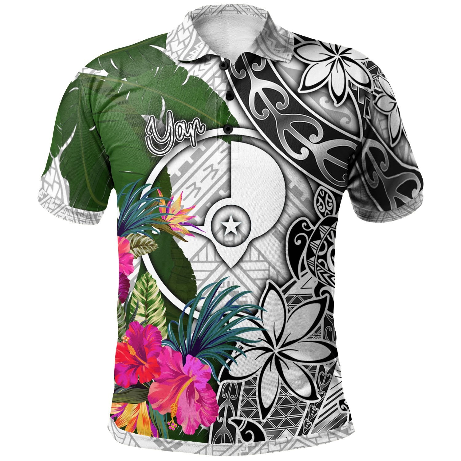 Yap Polo Shirt White Turtle Plumeria Banana Leaf Unisex White - Polynesian Pride