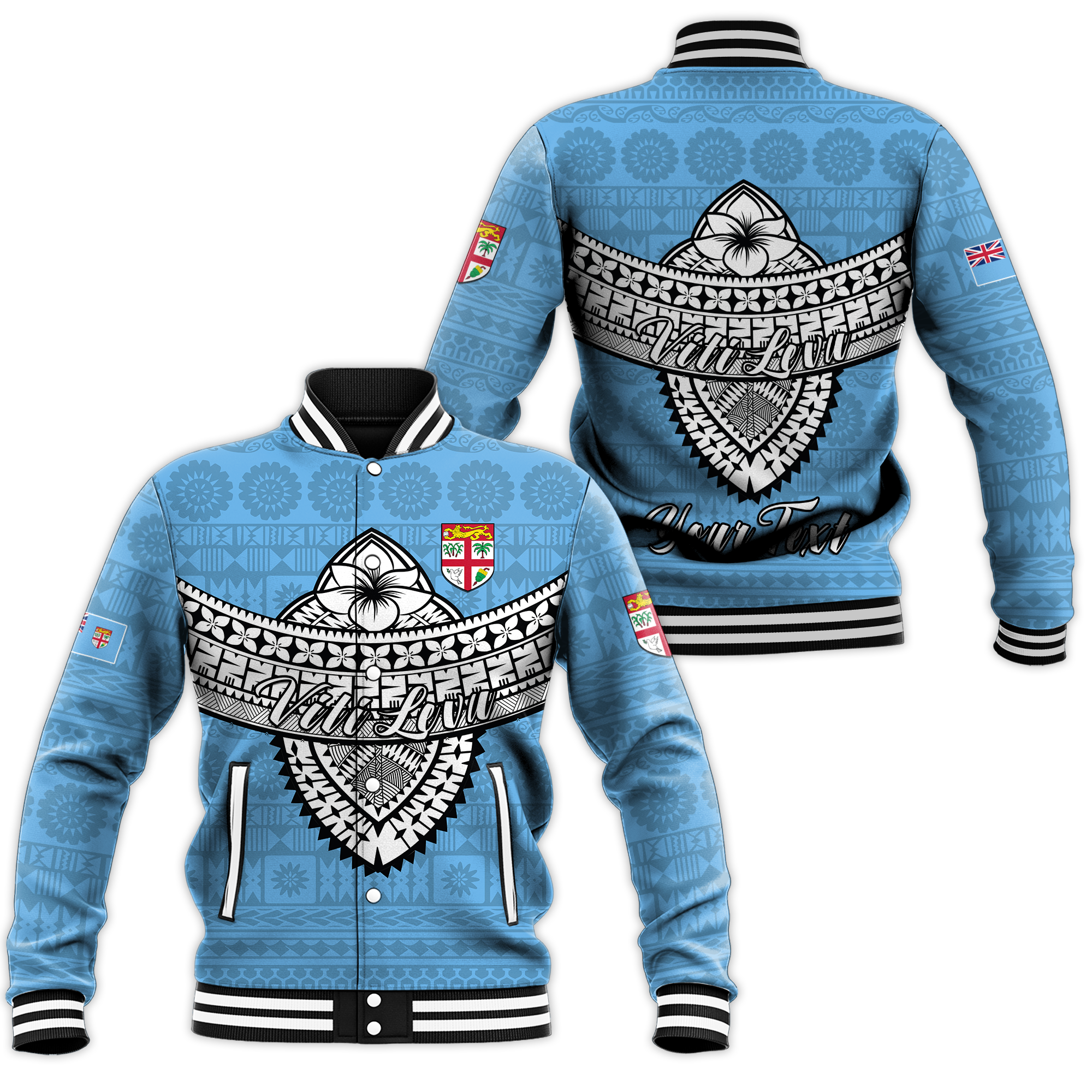 (Custom Personalised) Fiji Viti Levu Tapa Tribal Baseball Jacket - LT12 Unisex Blue - Polynesian Pride