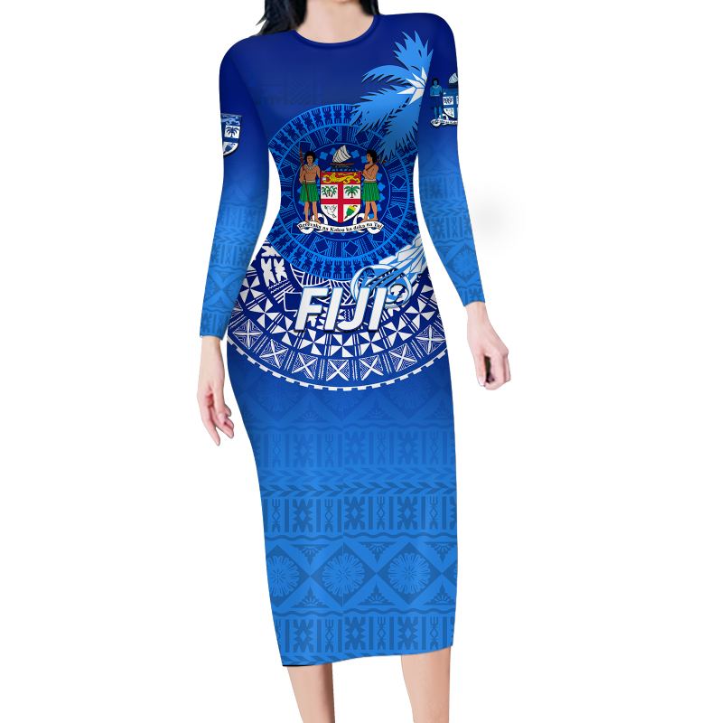 (Custom Personalised) Fiji Tapa Tribal Coconut Tree Long Sleeve Dress - LT12 Women Blue - Polynesian Pride