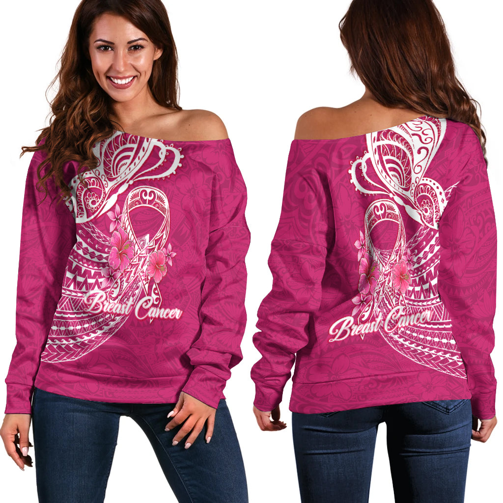 Breast Cancer Pink Ribbon Butterfly Polynesian Pink Version Women Off Shoulder Sweater - LT12 Women Off Shoulder Sweater Pink - Polynesian Pride