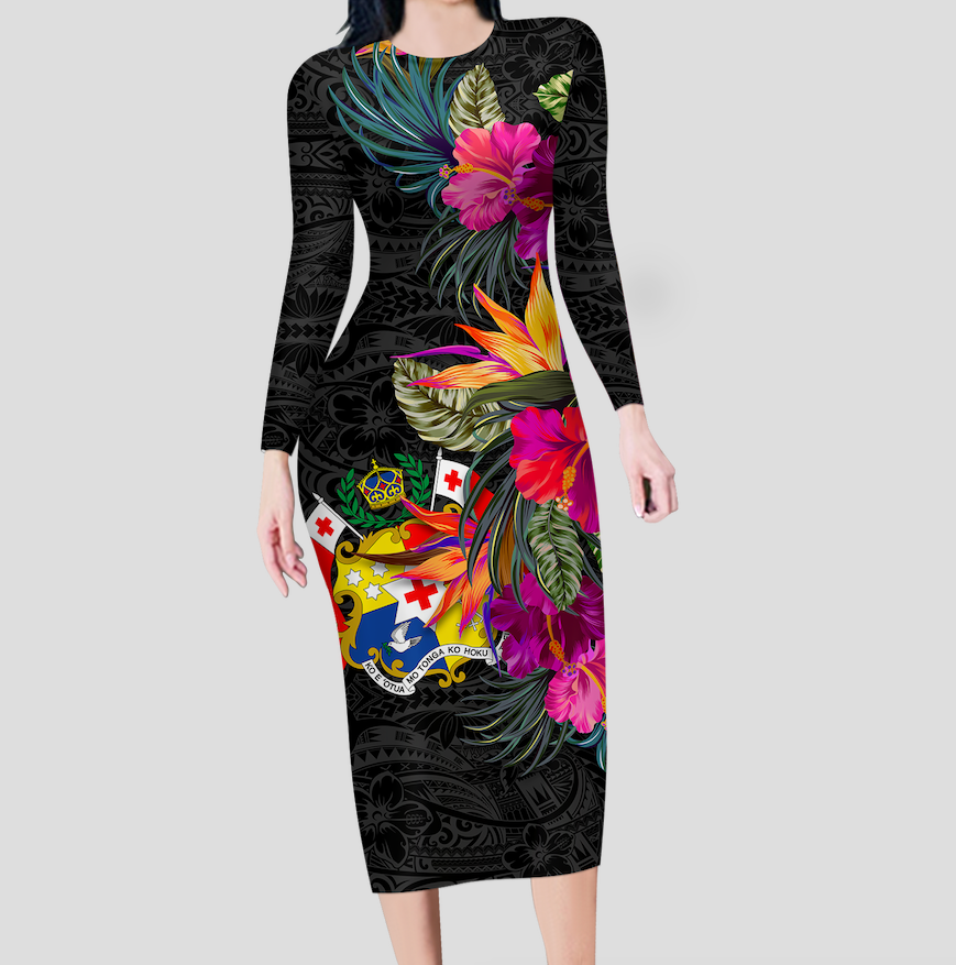 Tonga Hibiscus Polynesian Tribal Long Sleeves Dress - LT12 Long Dress Black - Polynesian Pride