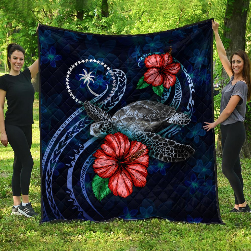 Chuuk Polynesian Premium Quilt - Blue Turtle Hibiscus Blue - Polynesian Pride