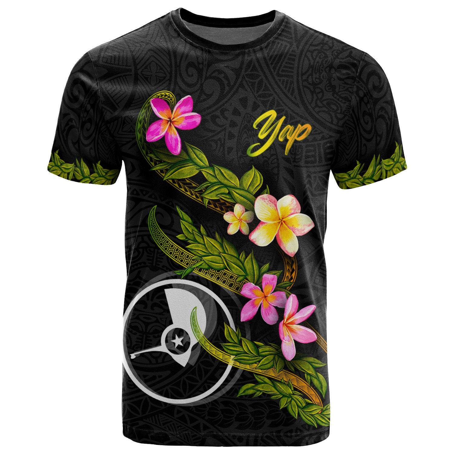 Yap Polynesian T Shirt Plumeria Tribal Unisex Black - Polynesian Pride