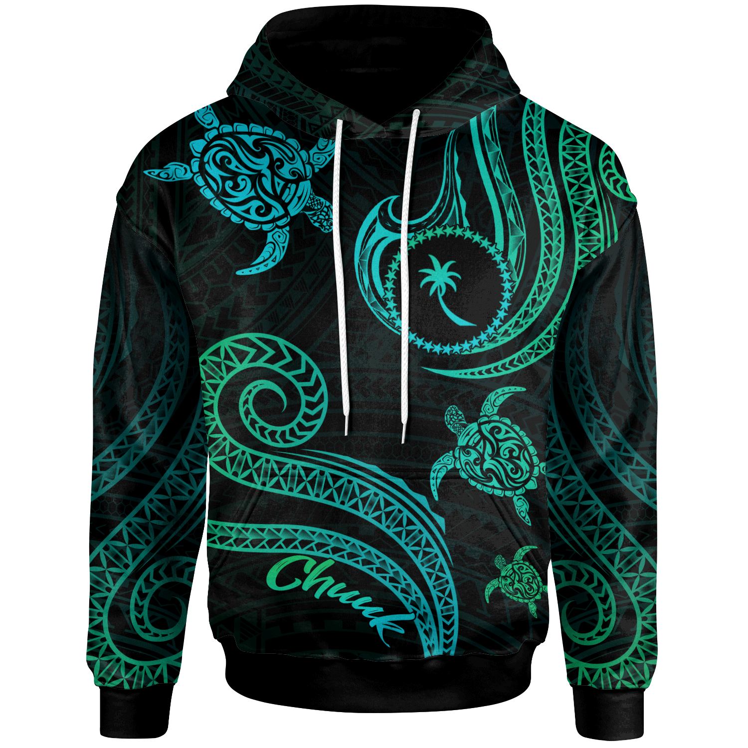 Chuuk Hoodie Polynesian Turtle With Pattern Unisex Blue Green - Polynesian Pride