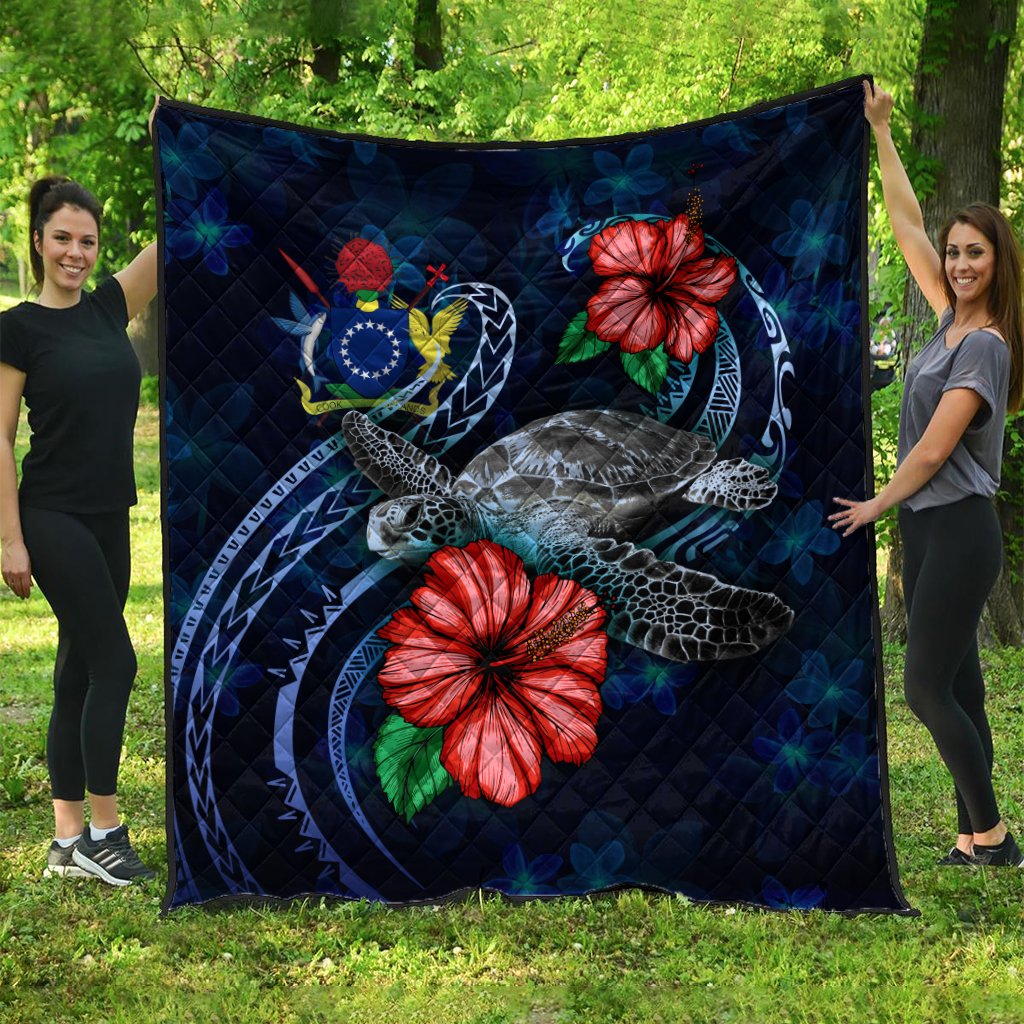 Cook Islands Polynesian Premium Quilt - Blue Turtle Hibiscus Blue - Polynesian Pride